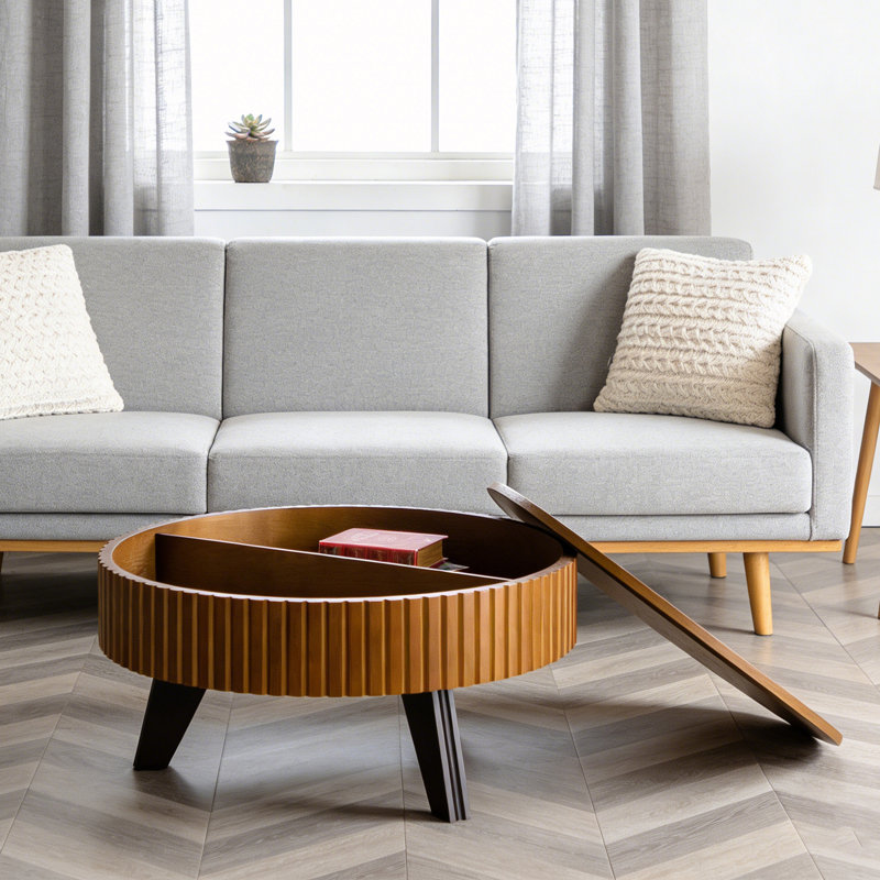 Round Coffee Table With Storage Space, Natural/Brown, 15.7" H x 31.5" L x 31.5" L