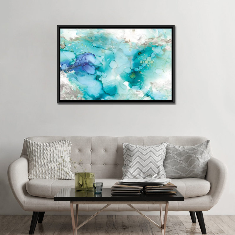 «Teal Marble», reproduction sur toile, H 18 po x l 26 po x P 1,5 po, Toile avec cadre flottant noir, Pas de tapis