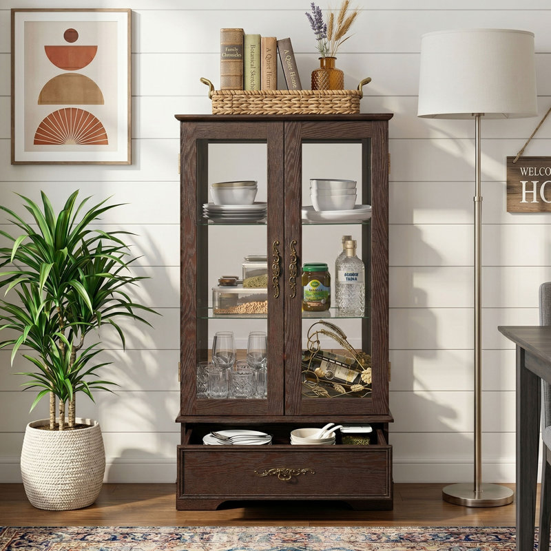 Eyisean 47" Curio Cabinet, Vintage Glass Display Cabinet with 3-Tier Adjustable Glass Shelves, Acrylic Mirrored Back Pane, Light Blub Included, Elegant Design China Cabinet for Living Room, Study Room, Kitchen