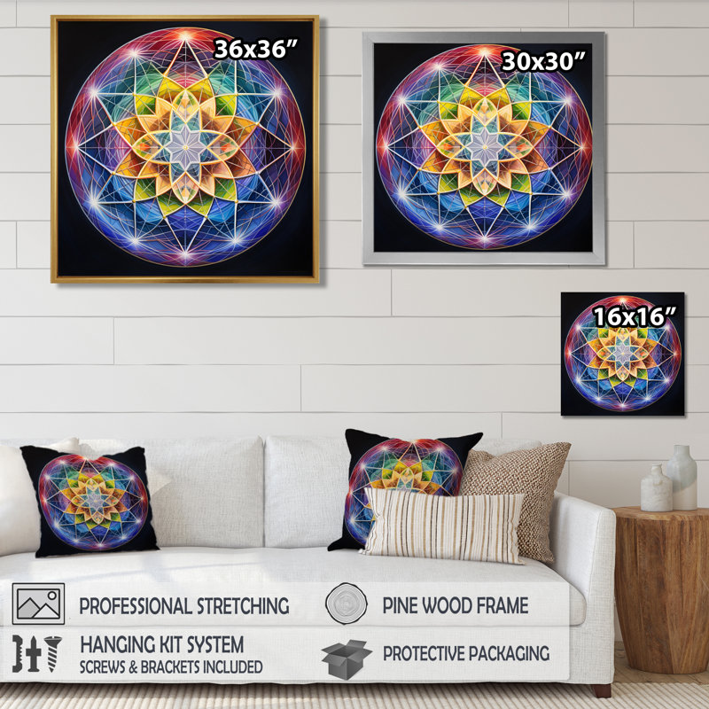 Sacré étoile bleu vert - impression d'art mural Mandala Boho, Toile avec cadre flottant noir, H 16 po x l 16 po x P 1 po