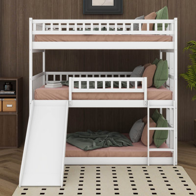 Full-Over-Full-Over-Full Triple Bed With Built-In Ladder And Slide, Triple Bunk Bed With Guardrails, 3 Bed Bunk Beds For Kids