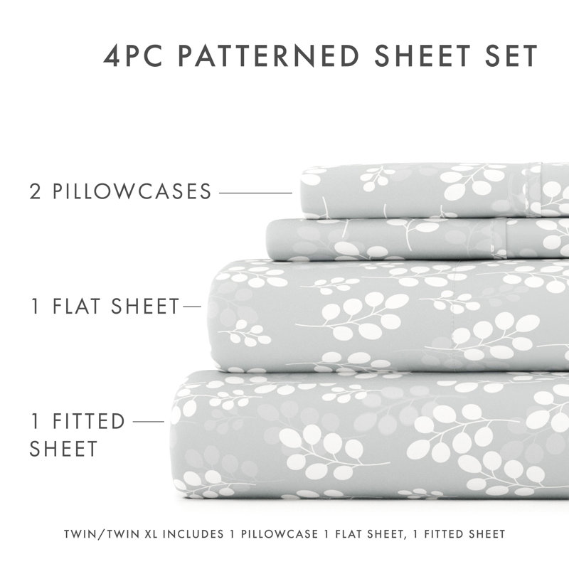 Gray Twin Floral Print Microfiber Sheet Set