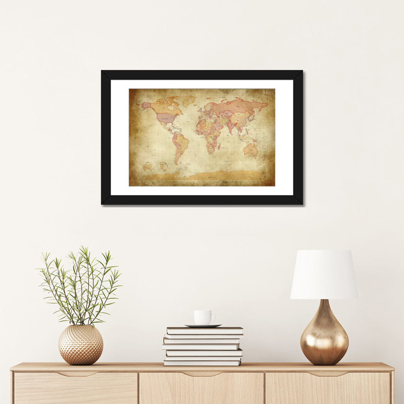 «Map of The World II» par Michael Tompsett, impression sur toile, H 16 po x l 24 po x P 1 po, Papier avec cadre noir, Blanc