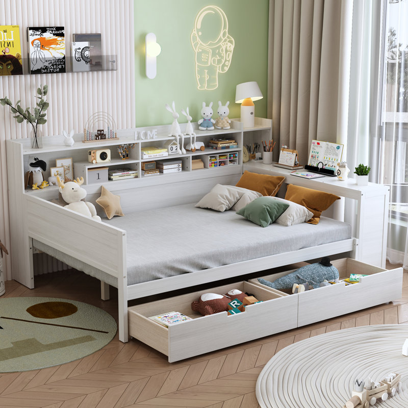 Lit de jour double en bois avec tablettes de rangement, deux tiroirs de rangement et bureau d'étude