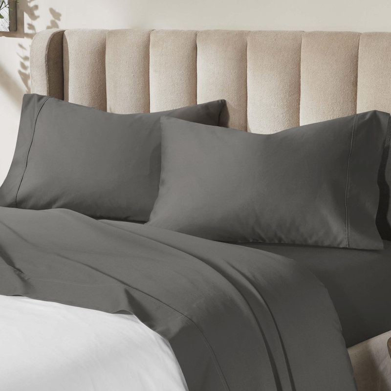 Ensemble de draps en coton uni 700 fils Pavo, Gris anthracite, Ensemble de draps très grand californien avec 2 t