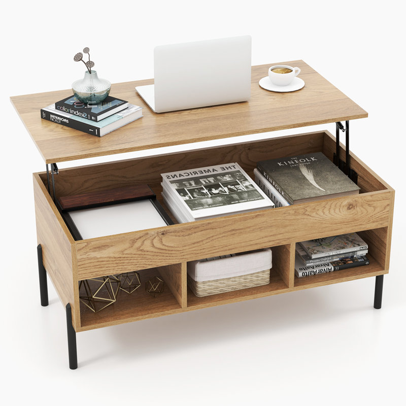 Lift Top Coffee Table with Metal Legs Rising Center Table with Hidden Compartment & 3 Open Cubbies