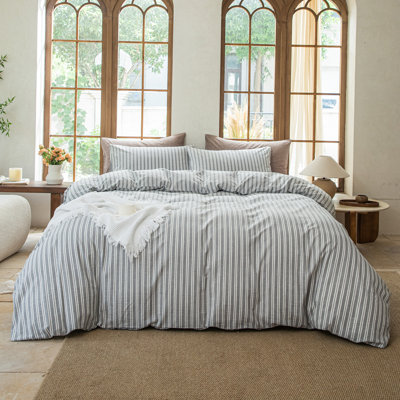 Ensemble de housse de couette rayé 100% coton délavé DONEUS