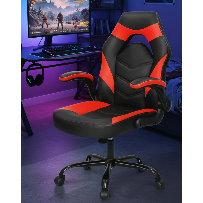 Red, PU Leather Gaming Chair, Ergonomic Office Computer Chair With Lumbar Support, Height Adjustable, Casters, And Flip-Up Armrests.
