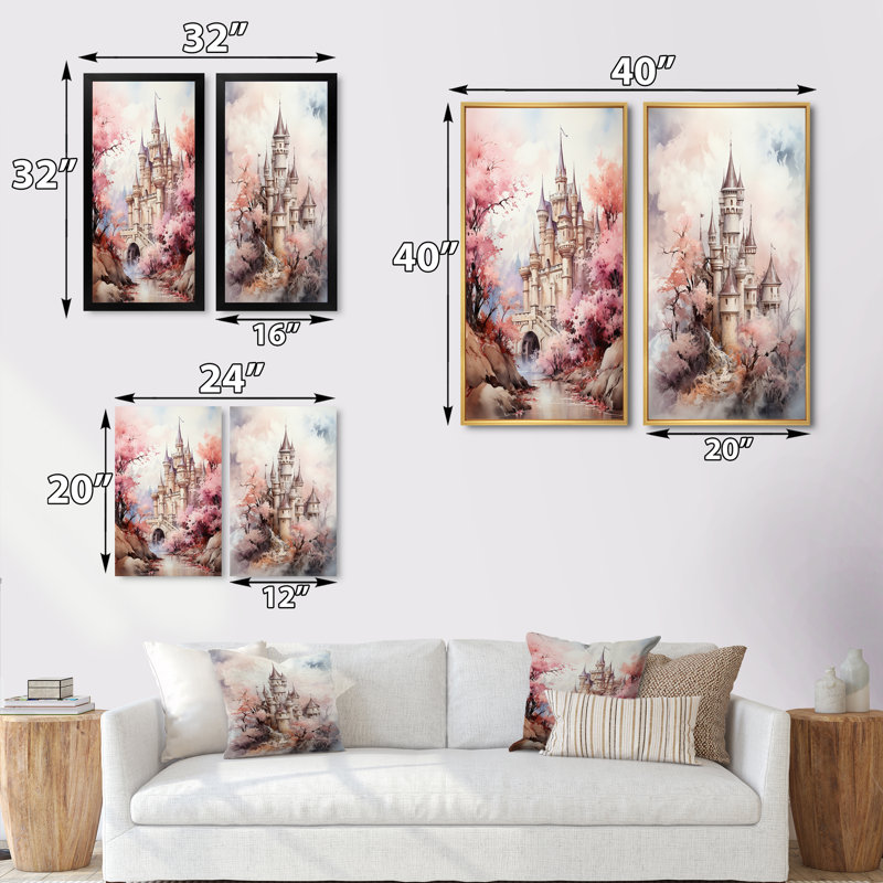 «Castles Pastel Dreams», 2 pièces sur toile, H 40 po x l 40 po, Encadrement doré