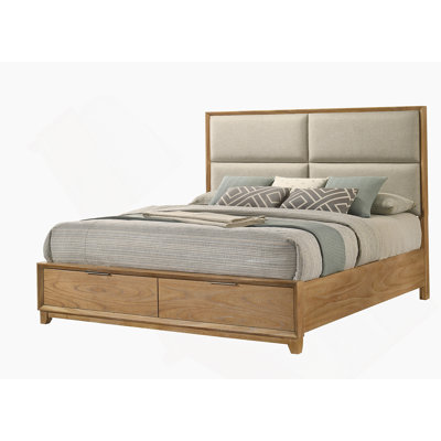 1Pc Storage Platform Bed Upholstered Plush Headboard Two Footboard Storage Drawers Solid Wood Natural Wood Finish Wooden Bedroom Furniture