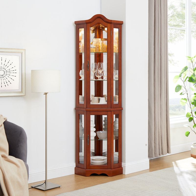 Meuble de coin d'angle, tablettes réglables en verre trempé, dossier en miroir, vitrine, noyer (ampoule E26 non incluse)