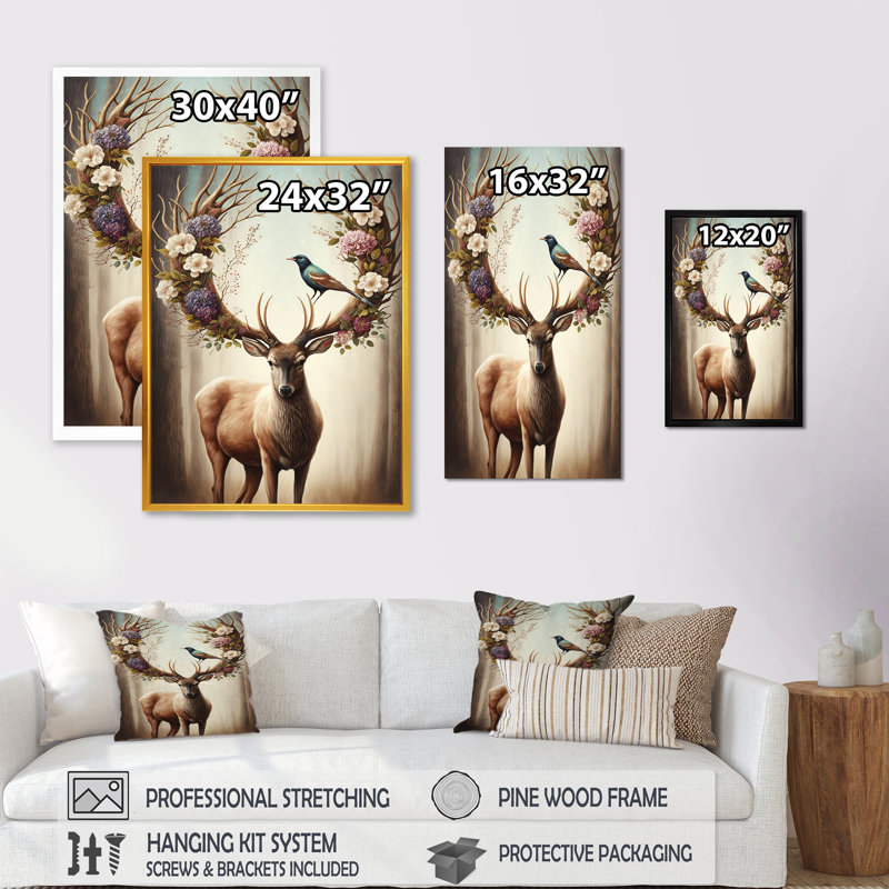 «Deer With Blooming Antler I», impression sur toile encadrée, H 32 po x l 24 po, Cadre flottant blanc