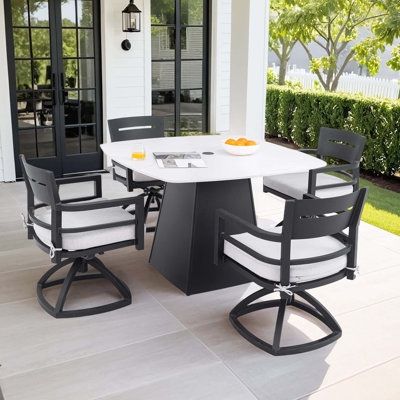 Ensemble de salle à manger à piédestal d'extérieur 5 pièces, table carrée en fritté arrondi de 44 pouces avec base évasée, 4 chaises berçantes pivotantes, coussins Sunbrella, aluminium antirouille, résistant aux intempéries pour le patio et la terrasse