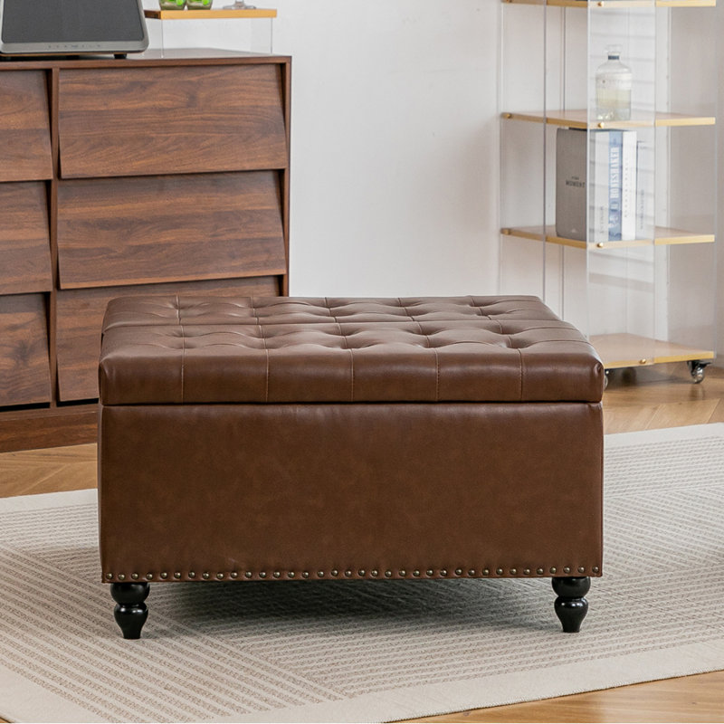 81.5cm Wide Faux Leather Tufted Square Cocktail Ottoman with Storage