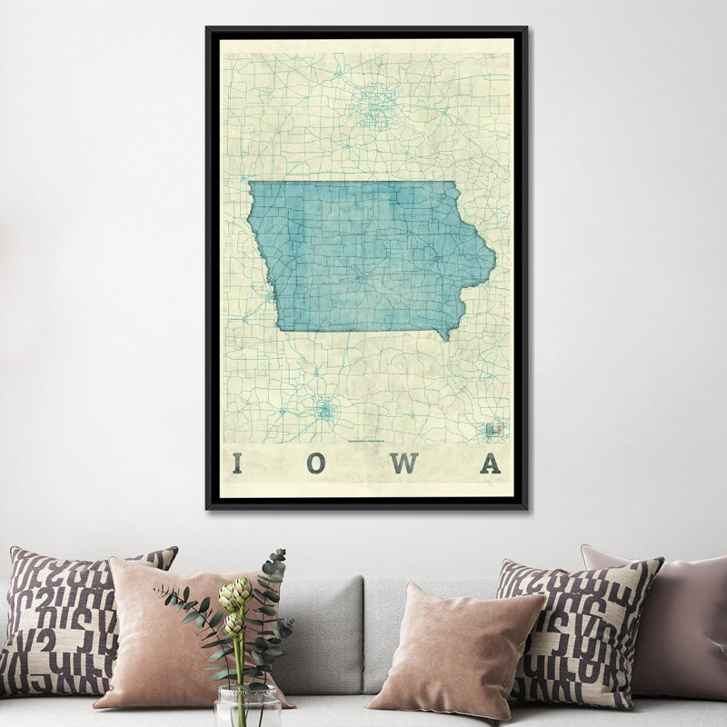 « iowa map », impression sur toile, H 26 po x l 18 po x P 1,5 po, Toile avec cadre noir, Pas de tapis