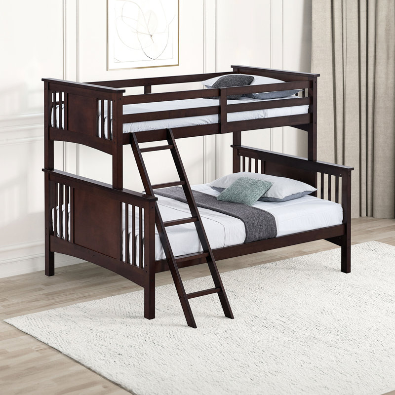Lit superposé simple au-dessus d'un lit double en noyer foncé de conception transitionnelle, en angle, en bois massif et en bois d'ingénierie, lit de style à verrou d'insertion, noyer, joint verrouillable
