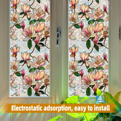 Film d'intimité pour fenêtre Retro Flowers, film de vitrail décoratif pour vitrail Magnolia, autocollant de fenêtre teinté arc-en-ciel Floral amovible statique pour fenêtre (1, magnolia, 17 x 78,7 po)