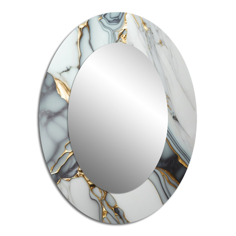 Géode abstraite or et marbre blanc V - Miroir décoratif abstrait ovale sur métal, 40 po x 30 po