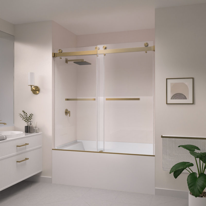 Catalyst 56"- 61" W x 60" H Double Sliding Frameless Shower Door in Brushed Bronze with 3/8" Clear Glass, Brushed Bronze