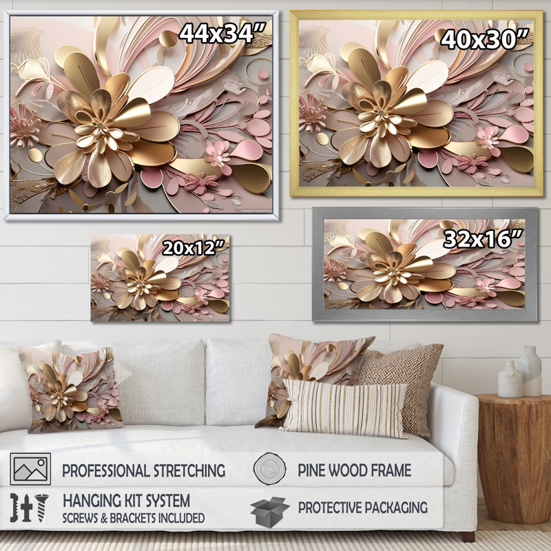 Art sur toile, liquide et or, effervescence florale rose, H 30 po x l 40 po, Toile tendue, Sans cadre