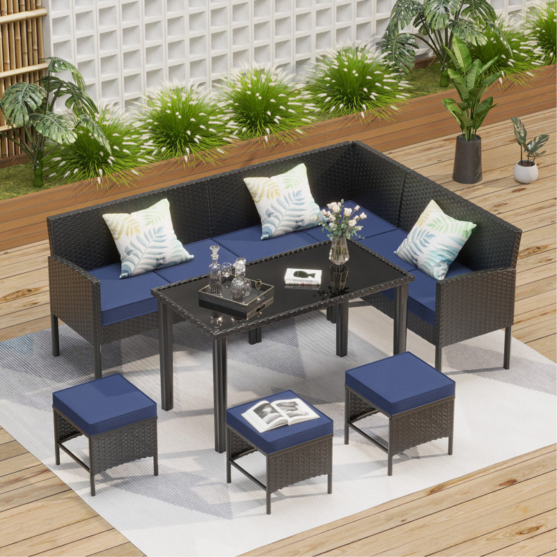 Small Space Patio Furniture 7-Piece Outdoor Furniture Set, Backyard Furniture Set, Waterproof Seat Cushion, Glass Table, Space Saving, Suitable For Backyard, Terrace Or Garden