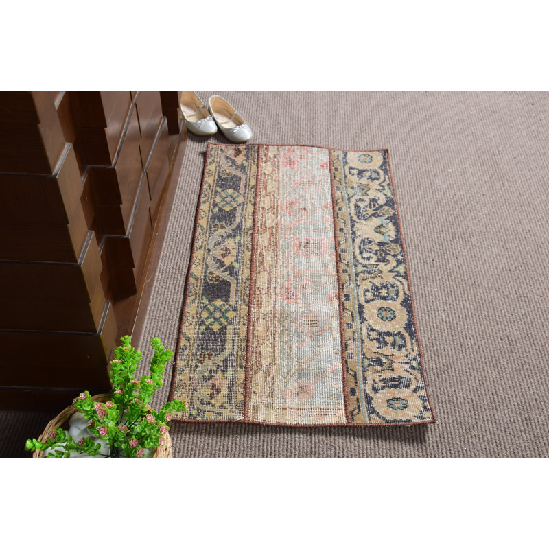 Vintage Turkish Door Mat with Muted Floral and Geometric Patterns for Bohemian Floor Decor