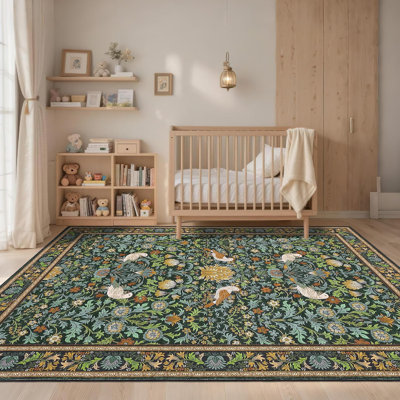 Tapis floral 8 x 10 - lavable à la machine, antidérapant, à poils courts, résistant aux taches pour le salon, la chambre à coucher et la salle de classe (vert)