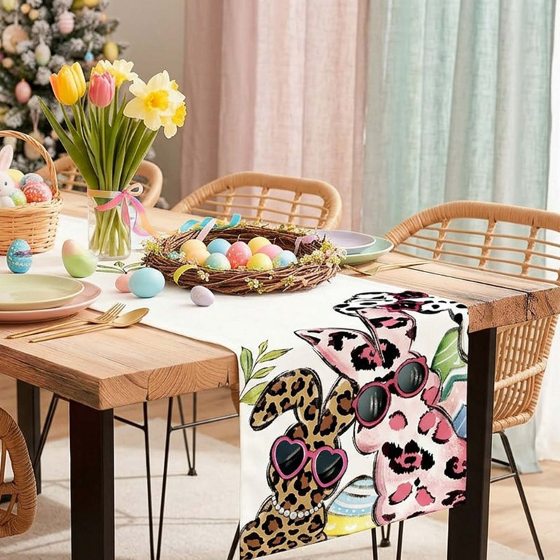 Easter Bunny Table Runner Egg Burlap Spring Leopard Rabbits Wildflower Print Table Decor for Dining Coffee Table