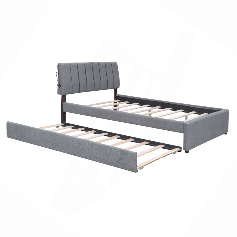 Lit, lit plateforme tapissier avec lit gigogne Teddy, Lit double
