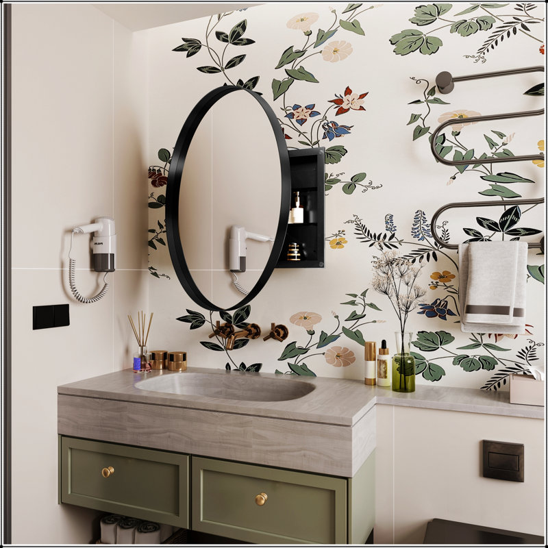 Armoire à pharmacie ronde avec cadre en métal 31,5 pouces avec miroir et tablettes réglables pour salles de bain modernes