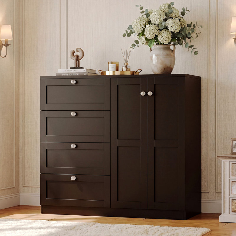 Armoire-penderie en bois avec 4 tiroirs, 2 portes et tringle, Noir