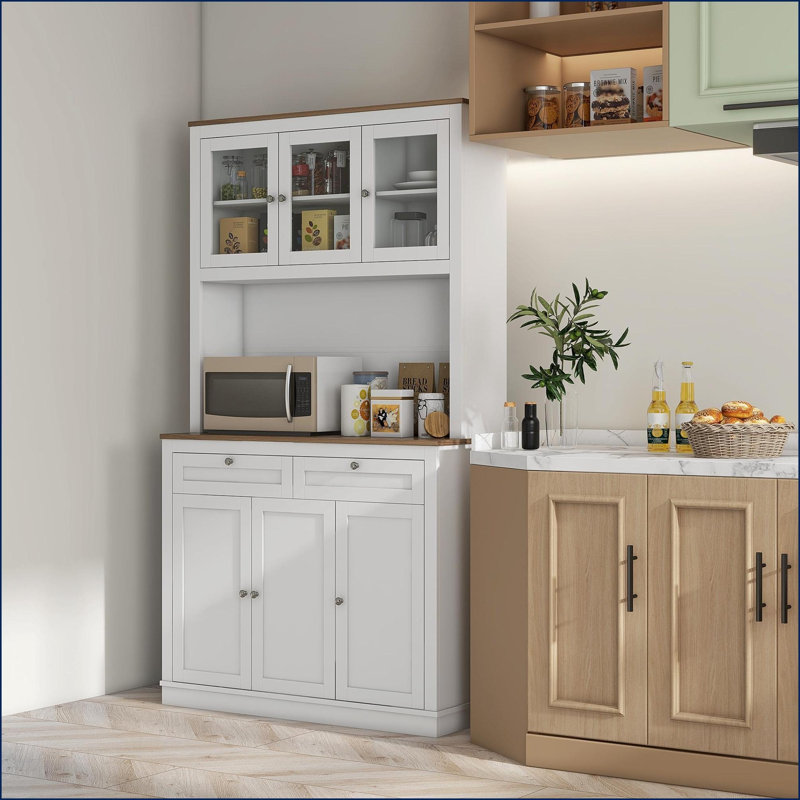 Armoire de cuisine avec support pour micro-ondes, l 39,25 po x H 70,75 po, blanc moderne - 2 tiroirs, 5 portes | Panneau de fibres à densité moyenne