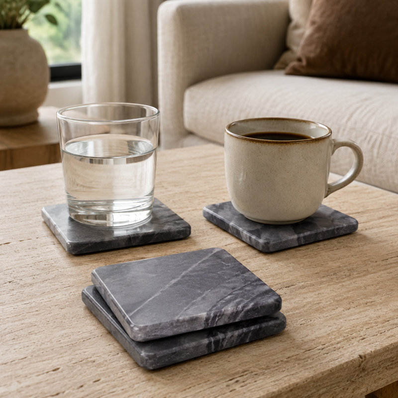 Dessous de verre carrés en marbre gris véritable, fabriqués à la main
