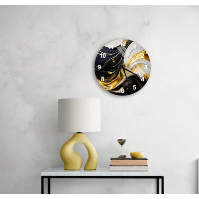 Abstract White, Black, and Gold Brushstrokes Tempered Glass Non-Ticking Wall Clock