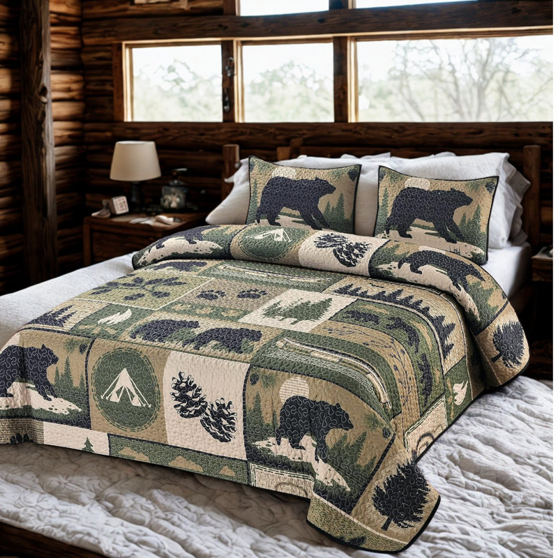 Cotton Rustic Quilted Bedspread Queen Size Nature Icons Design – 3-Piece Set with Quilt and 2 Pillow Shams