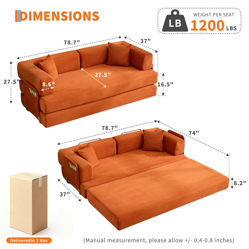 Canapé-lit modulaire convertible 5-en-1 en velours côtelé - Canapé de 78,8 po de largeur, accoudoirs réglables, structure robuste, coussin, futon multifonctionnel pour salon, chambre à coucher, chambre d'amis, velours côtelé | Orange