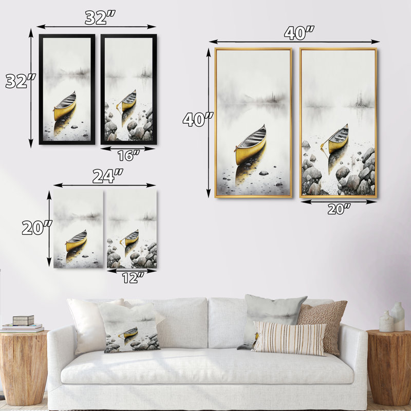 «Yellow Canoe On The Lake», 2 pièces sur toile, Cadre noir, H 32 po x l 32 po