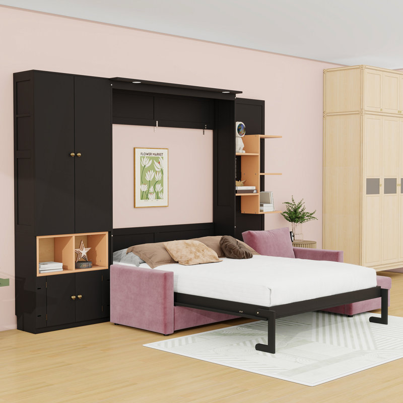 Grand lit escamotable avec canapé surdimensionné intégré et tablettes multiples, Noir