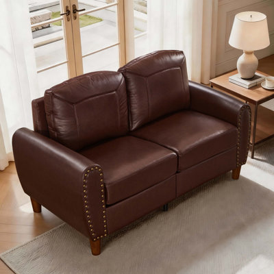 59" Classic Living Room Sofa Loveseat Faux Leather Couch,Rolled Arm Sofa with Nails,Solid Wood Legs,Upholstered Breathable PU Leather