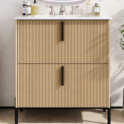 Meuble-lavabo de 30 po, lavabo en céramique, tiroirs à extension, glissières de tiroir encastrées à fermeture en douceur, conception cannelée, finition naturelle, optimisation de l'espace, rangement optimal avec meuble-lavabo de 30 po