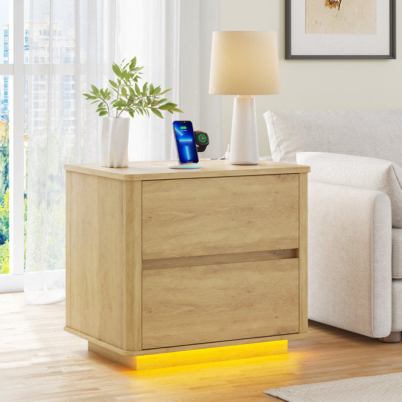 2-Drawer Minimalist Nightstand With 3-Color Sensor Light, Yellow/Brown