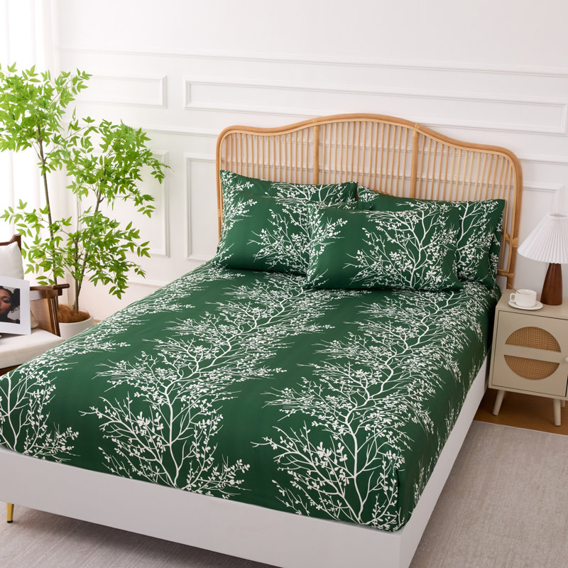 Ensemble de draps en microfibre Foliage, Ensemble de draps pour lit simple avec un drap-hou, Chasseur / Ivoire