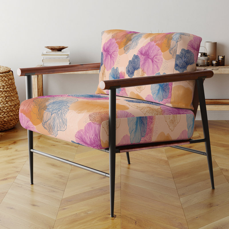 Chaise d'appoint abstraite - motif de corail bleu avec accoudoirs, Bras ronds bruns