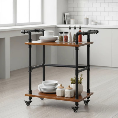 Bar Cart For The Home, Home Bar Serving Cart With Wheels And Storage Shelves, 2 Tier Rolling Liquor Beverage Cart For Kitchen Dining Living Room, Rustic Brown And Black