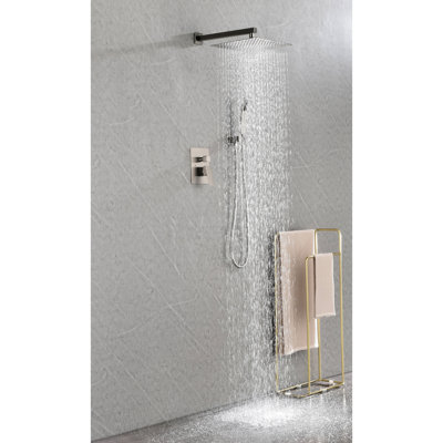 Brushed Nickel Shower Assembly With Head, Hand Shower, Hose, Valve Trim, Lever Handles And Niche. . Yields Natural Showering Sensation. Self-Cleaning Nozzle. Aligns American Standard Pipe Connections