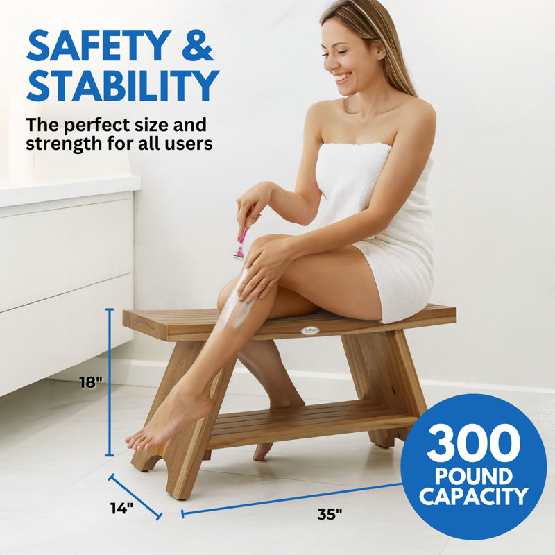 EcoDecors' Serenity 36" W, Teak Rectangular, Teak Shower Bench, Small Teak Shower Seat, in Earthy Teak, 18" H x 35" W x 13" D