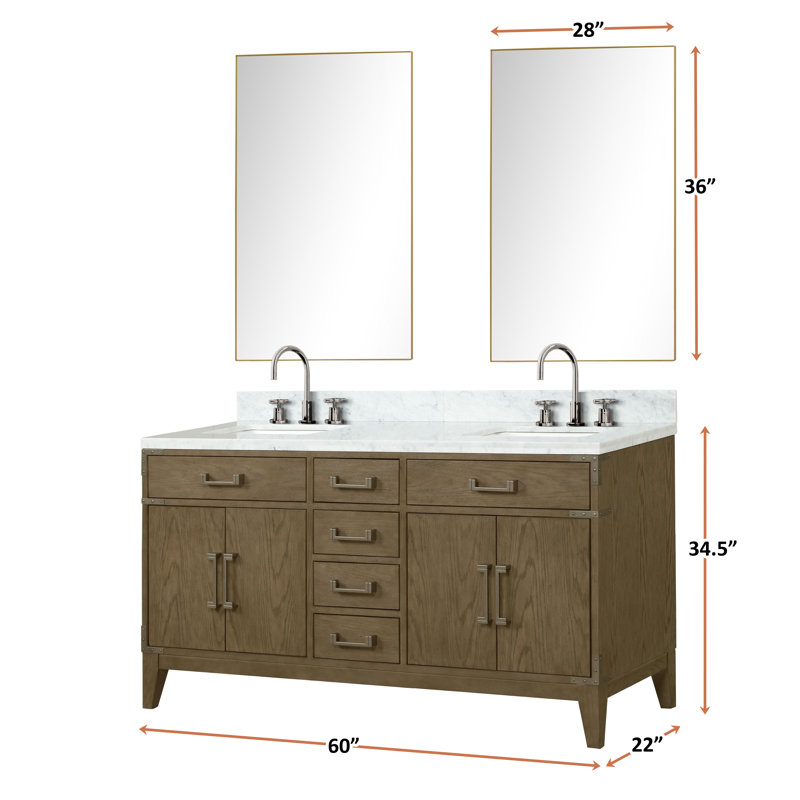 Laurel 60 in W x 22 in D Double Bath Vanity Mirrors with Faucet Set, White Carrara Marble, Grey Oak