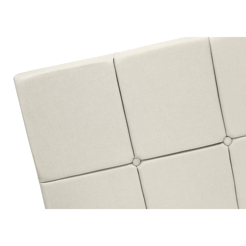 Grand lit tapissier beige avec pieds solides et tête de lit avec cadre transitionnel en tissu de lin