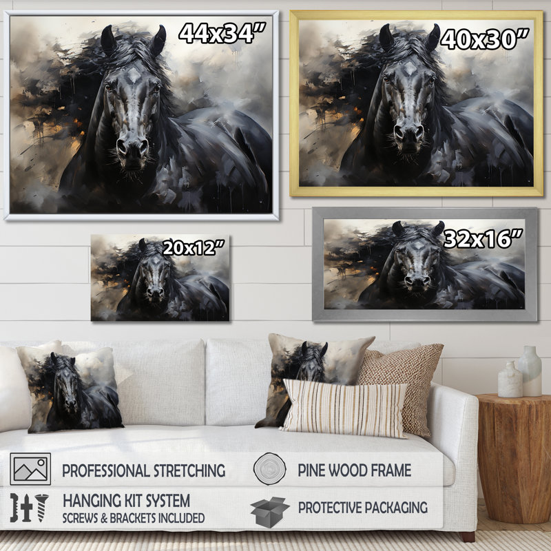 Étalon noir en mouvement - reproductions encadrées de chevaux, H 24 po x l 32 po x P 1 po, Cadre simple noir