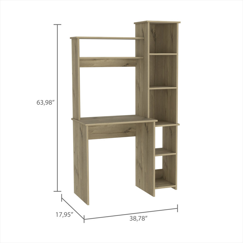 Bureau d'écriture beige avec huche surélevée et bibliothèque latérale, poste de travail compact en forme de L pour les petites pièces